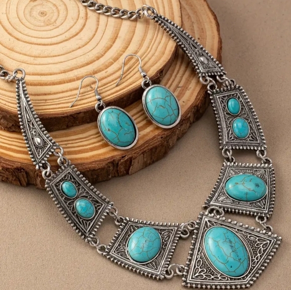 NEW Turquoise Silver Statement Necklace and Earring Set Preppy Clueless(#0124) - Picture 1 of 4